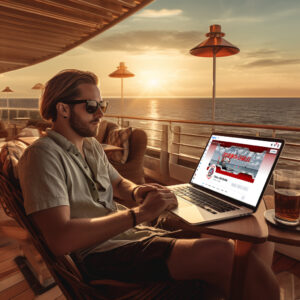 A man sitting out on the open deck of a cruise ship viewing Cruise with Charles on his laptop